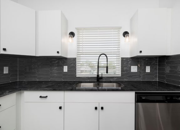 a black and white kitchen with white cabinets and a sink