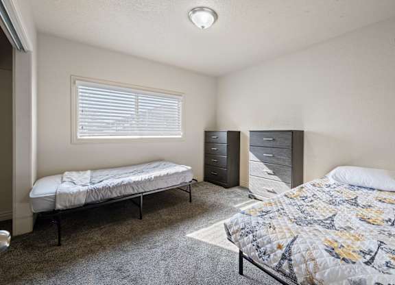 A bedroom with two beds and a dresser.