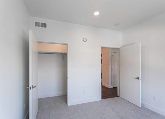 a living room with white walls and a door to a closet