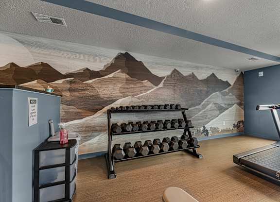 A room with a wall mural of a mountain range and a treadmill.