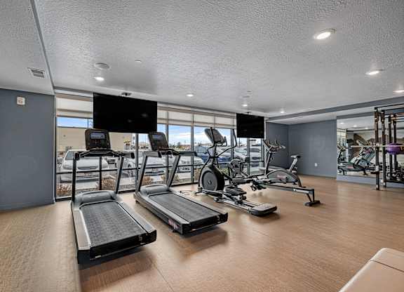 A gym with treadmills and exercise equipment.