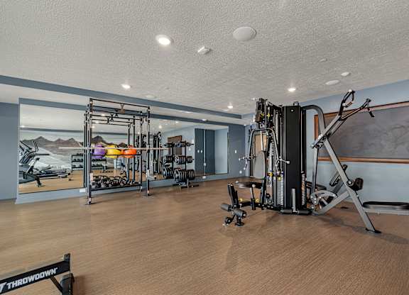 A gym with a variety of equipment including a weight bench, a squat rack, and a treadmill.