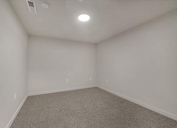 A room with a carpeted floor and a ceiling light.