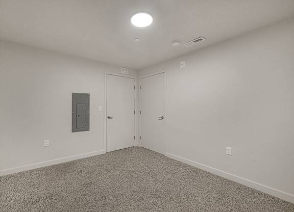 A room with a carpeted floor and a ceiling light.