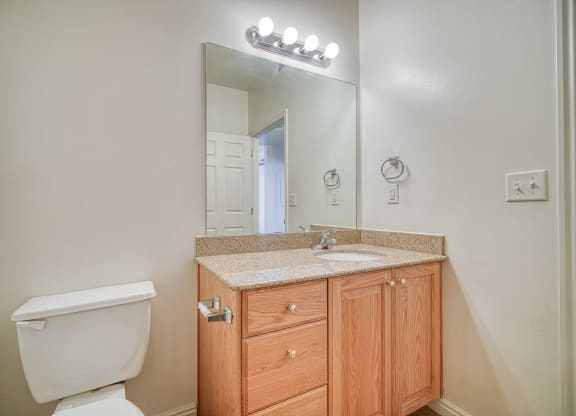 a bathroom with a toilet sink and mirror