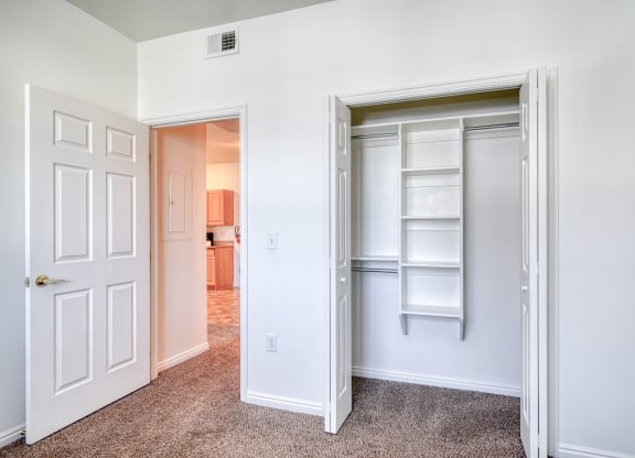a bedroom with a closet and an open door