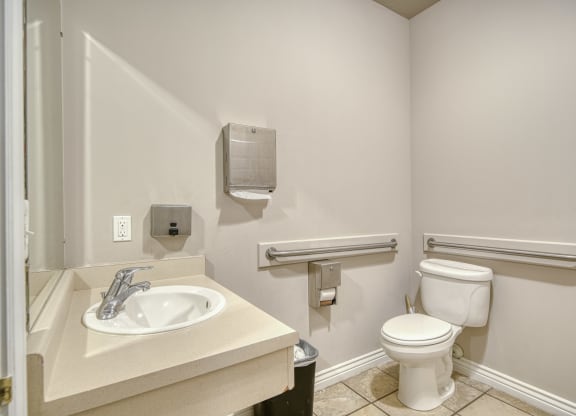 a bathroom with a sink toilet and mirror