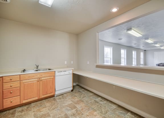 a kitchen with a sink and a mirror