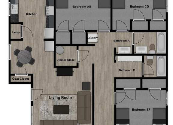 A floor plan of a house with a living room, kitchen, pantry, and four bedrooms.