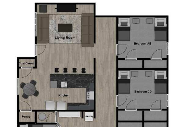 A floor plan of a house with a living room, kitchen, pantry, bathrooms, and bedrooms.