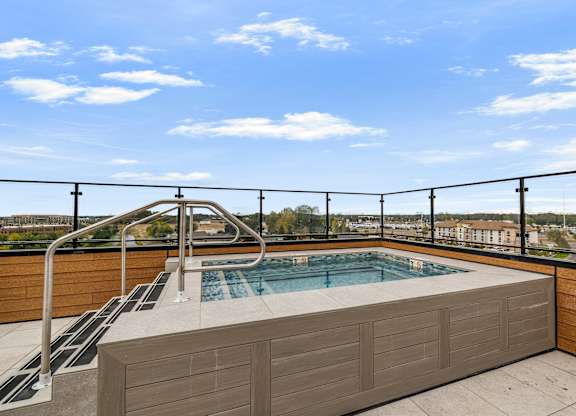 A rooftop pool with a ladder and a view of the city.