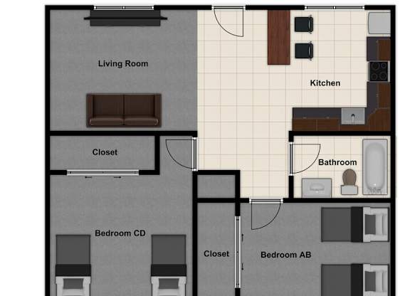 A floor plan of a house with a living room, kitchen, two bedrooms and two closets.