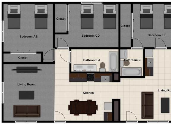 A floor plan of an apartment with three bedrooms, two living rooms, a kitchen, and two bathrooms.