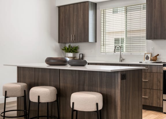 a kitchen with an island and three stools