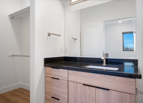 a bathroom with a sink and a mirror