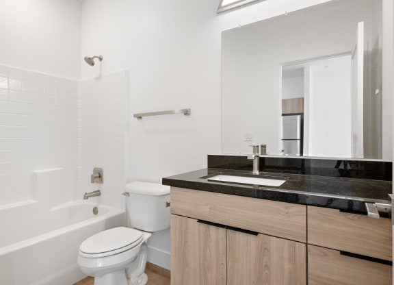 a bathroom with a toilet sink and tub and a mirror