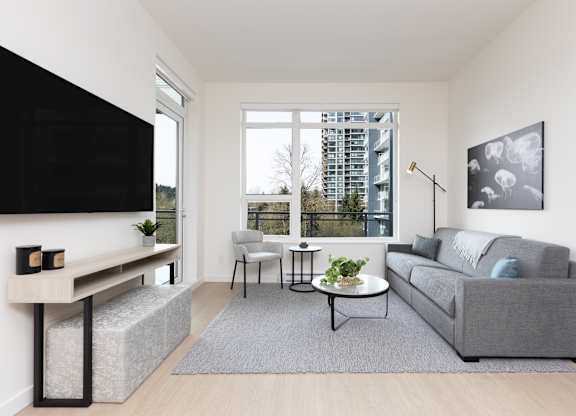 A living room with a grey couch, a black television, and a large window.