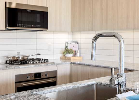 A modern kitchen with a stove, oven, and a microwave mounted above the stove.