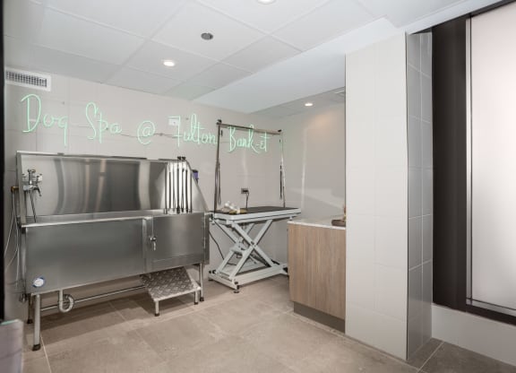 a view of the dog spa area with a large stainless steel tub in the foreground and a