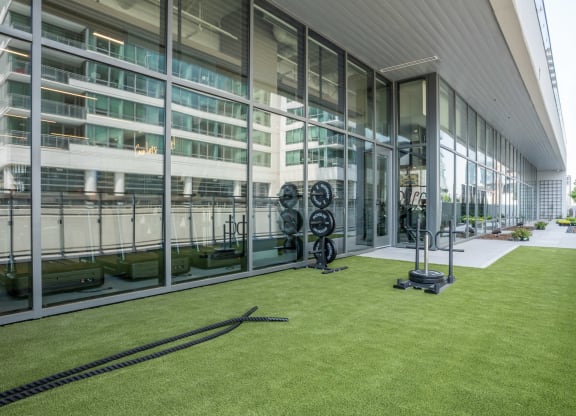an indoor grassy area with weights and a hose in front of a glass walled building