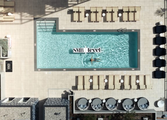 an aerial view of a swimming pool