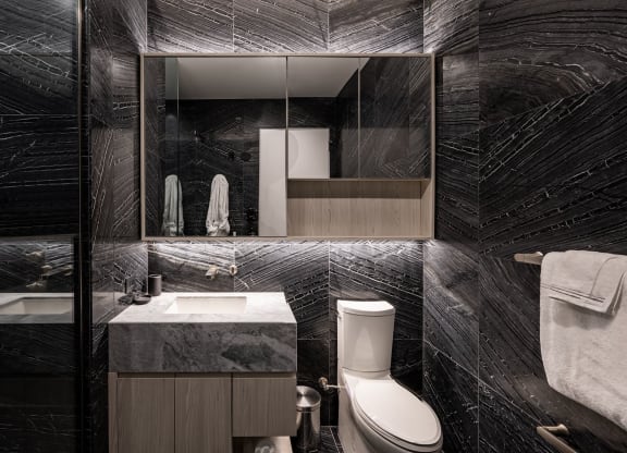 a bathroom with black and white tiles and a large mirror