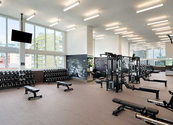 A gym with a variety of equipment including weights and machines.