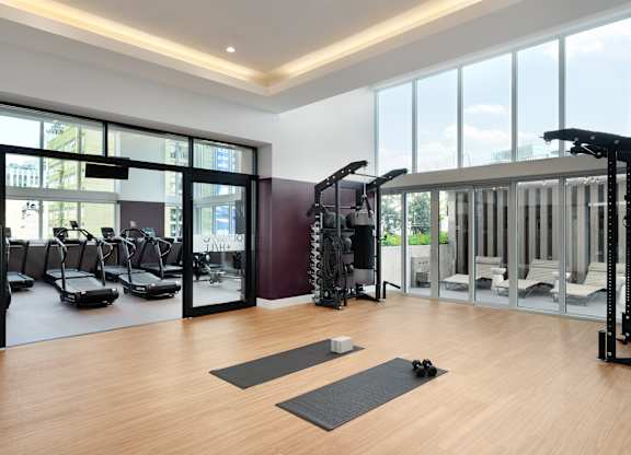 A gym with treadmills, weights and exercise mats.