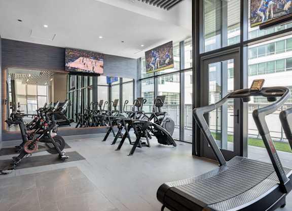 A gym with treadmills, exercise bikes and other equipment.