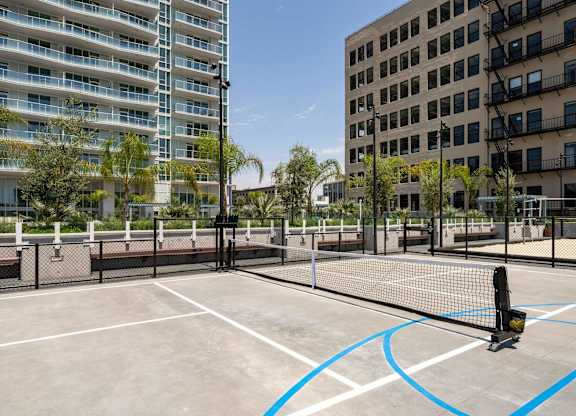 A tennis court with a blue line in the middle and a black net.