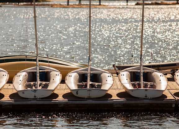 A row of sailboats are docked at a pier.