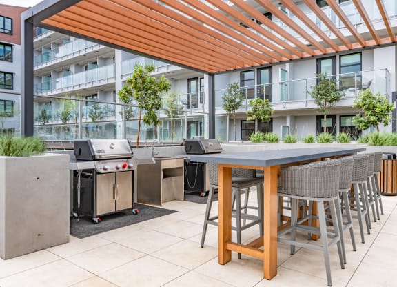 a communal patio with tables and chairs and barbecue grills