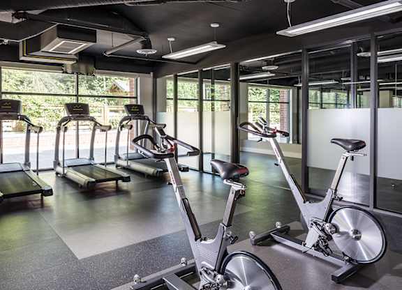 A gym with treadmills, exercise bikes, and elliptical machines.