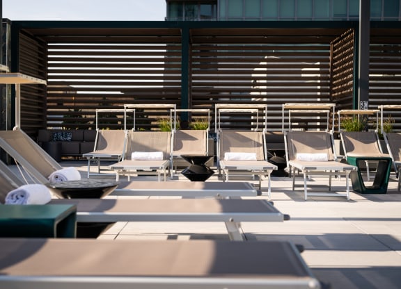 a row of lounge chairs on a patio with a building in the background