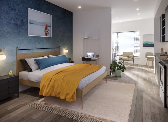 a bedroom with a bed and a desk at Marina Square, Bremerton, WA, 98337