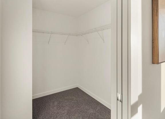 A white closet with a grey carpet and a mirror on the door. at The Narrows at Clare Apartments , Washington, 98310