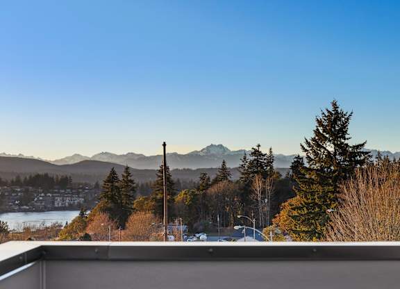 A view of a snowy landscape with trees and mountains in the distance at The Narrows at Clare Apartments , Bremerton