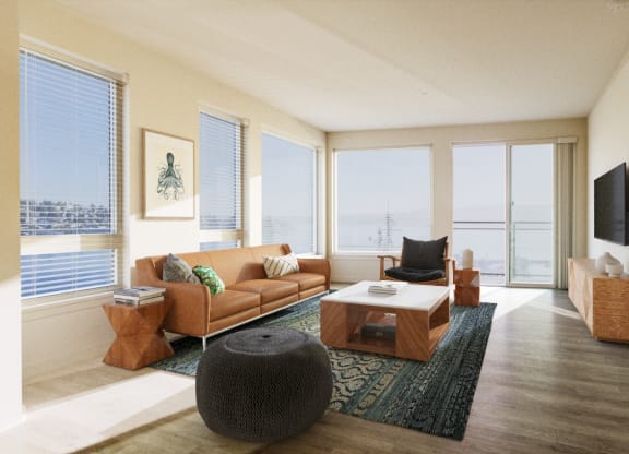 a living room with a couch coffee table and a tv at Marina Square, Bremerton, WA, 98337