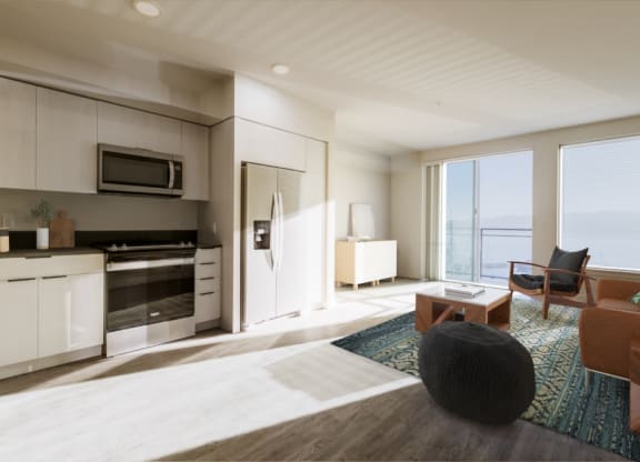 a rendering of a hotel room with a kitchen and living room at Marina Square, Bremerton, WA, 98337