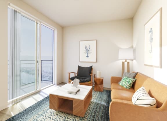 a living room with a couch coffee table and sliding glass doors to a balcony at Marina Square, Bremerton, WA, 98337