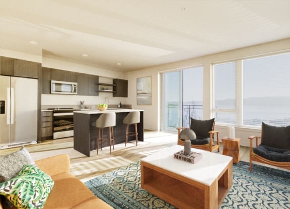 a living room filled with furniture and a large window at Marina Square, Bremerton, WA, 98337