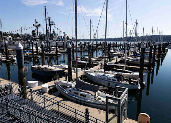 A marina with boats docked at the pier.