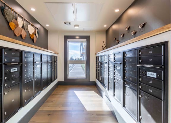 the mail room has plenty of mailboxes and a window at Rivulet, Washington, 98383