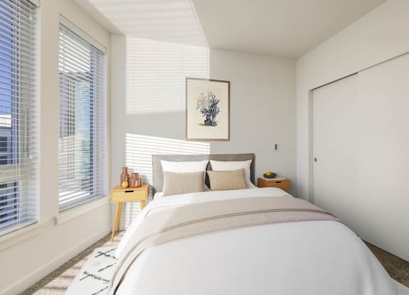 a bedroom with a large bed and two windows at Marina Square, Bremerton, WA, 98337