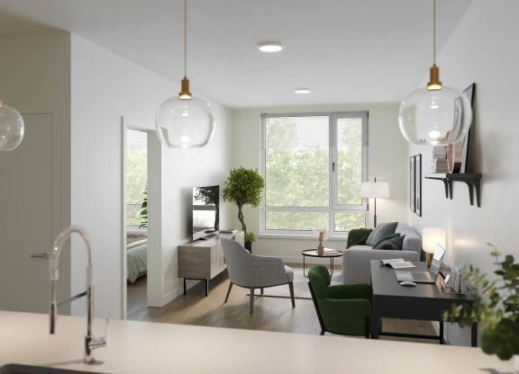 a rendering of a living room and dining room at Rivulet, Silverdale, 98383