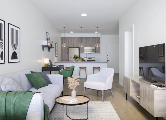 a rendering of a living room with a kitchen in the background at Rivulet, Silverdale, WA