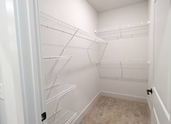 Walk-in closet with wire shelving systems 3 at The Crest at South Point Apartments, McDonough, Georgia