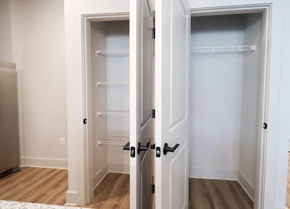 Walk-in closets with wire shelving and hanging rods at The Crest at South Point Apartments, McDonough, GA 30253