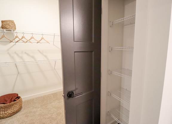 Walk-in closet with wire shelving and storage access at The Wren Apartments, Lawrenceville, 30043