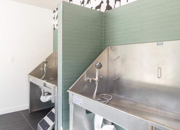 Pet washing station with stainless steel tubs at The Wren Apartments, Lawrenceville, 30043